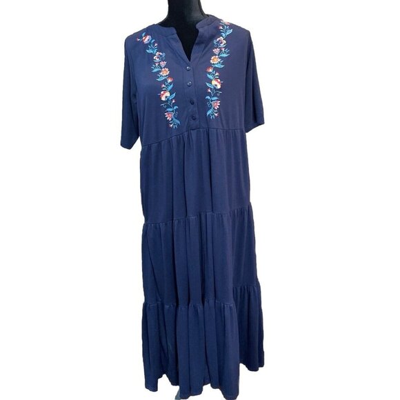 Woman Within Medium 14/16 Maxi Dress Blue Embroidered Floral Boho Cottage Travel - Picture 1 of 10